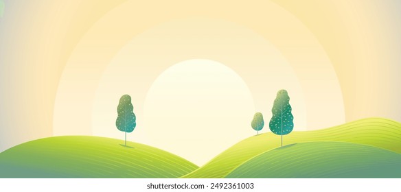 Morning landscape with hills, and several trees. Sunrise, morning. Vector illustration.