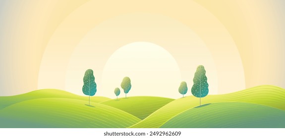 Morning landscape with hills, and several trees. Sunrise, morning. Vector illustration.