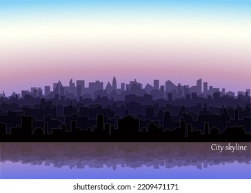 Morning landscape of modern city silhouettes nd reflection in water. Cityscape with sunrise. Vector cityline background