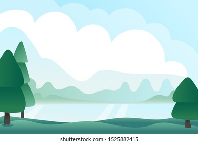 Morning landscape with mountains, forest and river. Vector illustration