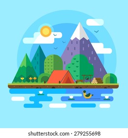 Morning landscape in the mountains. Solitude in nature by the river. Weekend in the tent. Hiking and camping. 
Vector flat illustration 