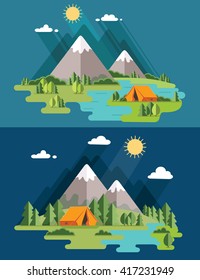 Morning landscape in the mountains. Solitude in nature by the river. Weekend in the tent. Hiking and camping. Vector flat illustration