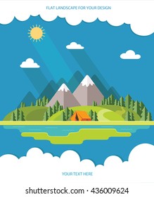 Morning landscape in the mountains. Solitude in nature by the river. Weekend in the tent. Hiking and camping. Vector flat illustration