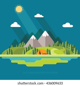 Morning landscape in the mountains. Solitude in nature by the river. Weekend in the tent. Hiking and camping. Vector flat illustration