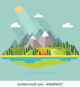 Morning landscape in the mountains. Solitude in nature by the river. Weekend in the tent. Hiking and camping. Vector flat illustration