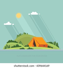 Morning landscape in the mountains. Solitude in nature by the river. Weekend in the tent. Hiking and camping. Vector flat illustration
