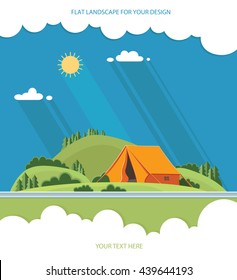 Morning landscape in the mountains. Solitude in nature by the river. Weekend in the tent. Hiking and camping. Vector flat illustration