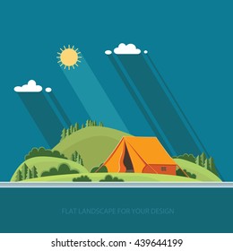Morning landscape in the mountains. Solitude in nature by the river. Weekend in the tent. Hiking and camping. Vector flat illustration