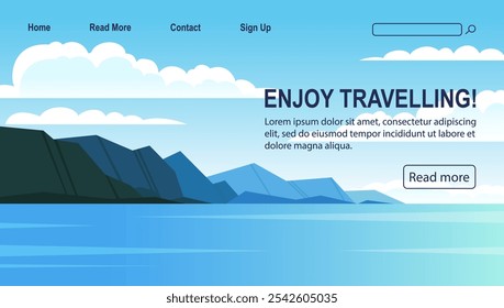 Morning landscape with mountains travel banner. Concept website design for travel agency