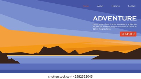 Morning landscape with mountains travel banner. Concept website design for travel agency