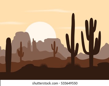 Morning landscape with saguaro cacti and mountains. Vector illustration. Cute brown palette