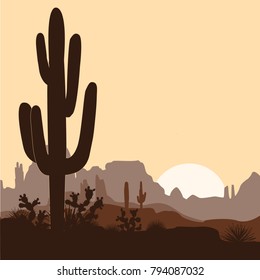 Morning landscape with saguaro cacti, prickly pear, and agaves in mountains. Vector illustration. Cute brown palette