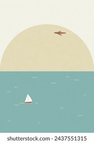 Morning landscape with sea and vessel vector illustration. Flying plane in the sky.