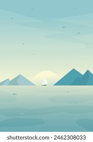 Morning landscape with sea and vessel vector illustration. Seaside with mountains. Scandinavian fjord