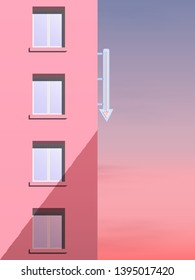 Morning landscape. The side of the modern panel house. Decorative neon arrow for advertising on the wall.