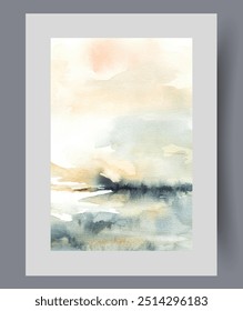 Morning landscape with sunny sky over quiet serene lake on territory of natural park. Watercolor poster with beautiful landscape painted in pastel colors, for interior design of travel agency