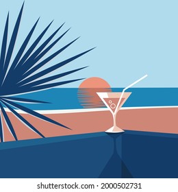 Morning landscape. Sunrise, beach and a glass of cocktail. Background illustration.