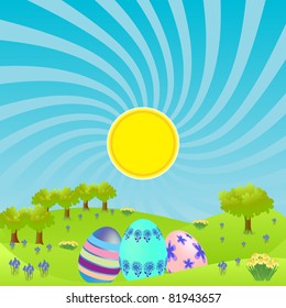 Morning landscape with three easter eggs at front of scene nestled behind rolling hills with daffodil flowers, blue bell flowers and trees with bright sun and blue rays in the sky