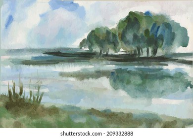 morning landscape with trees on the lakeside