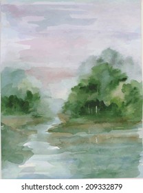 morning landscape with trees on the river bank