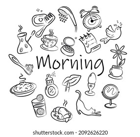 Morning linear icons set isolate on white background. Linear icons color periwinkle. Vector illustration.
