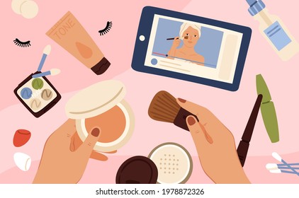 Morning makeup. Hand holding cosmetics, online beauty tutorial or webinar. Skin care concept, hands with tone powder brush. Cosmetic and fashion vector background