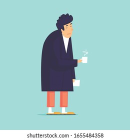 Morning, a man in a bathrobe with coffee, fatigue. Flat design vector illustration.