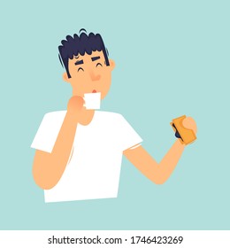 Morning, the man has breakfast, the daily routine. Flat design vector illustration.