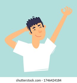 Morning, man wakes up, daily routine. Flat design vector illustration.