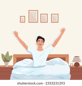 Morning man woke up in bed happy. Cartoon design vector illustration.