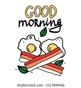 Morning meal, hand-drawn doodle-style elements. Breakfast. Good Morning. Eggs with bacon and greens. Simple vector in doodle style. 