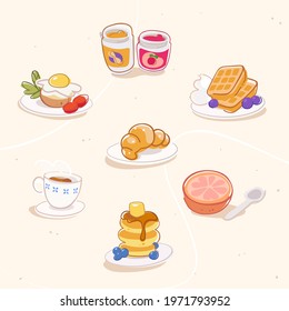 Morning meal. Healthy breakfast. Eggs, tea, coffee pot, peanut butter, berries, waffles, croissant, grapefruit, basil and eggs. Set of delicious breakfast illustrations. Cartoon style. Flat design