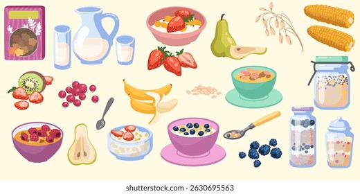 Morning meal. Healthy breakfast. Oatmeal cereal box. Flat icon. Oat granola. Rice porridge bowl with fruit or berry. Grain flour. Milk glass. Cornflakes bag. Strawberry pieces. Vector cartoon food set
