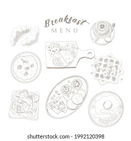 Morning meal menu. A set of breakfast dishes. Engraved style.