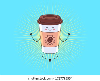 Morning meditation with coffee cup. Cartoon cute character and mascot for cafeteria. Coffee to go. Latte, cappuccino, americano, espresso. Yoga, levitation among sunshine beams. Vector illustration