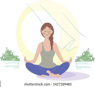 Morning meditation. Girl meditating by the open window. Vector illustration