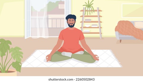 Morning meditation for gratitude flat color vector illustration. Smiling bearded man relaxing on throw rug. Fully editable 2D simple cartoon character with cozy living room interior on background