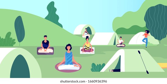 Morning meditation. Summer yoga camping. People keep calm, fitness workout on nature vector illustration