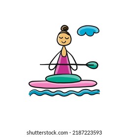 Morning meditation. Yoga girl on paddle board, isolated on white. Art icon for your design. Vector illustration