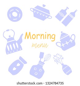 Morning menu. Template with scandinavian style utensils. Flat Vector Illustration.