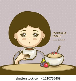 Morning menu vector illustration. Cute girl with cup of coffee and oatmeal bowl with forest berries. Traditional healthy breakfast. 