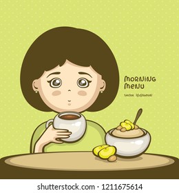 Morning menu vector illustration. Cute girl with cup of coffee and oatmeal bowl with apples and almonds. Traditional healthy breakfast. 
