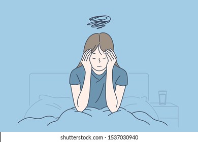 Morning migraine, chronic fatigue and nervous tension, stress or flu symptom, hard to wake up concept. Young woman with strong headache, tired and exhausted girl holding head. Simple flat vector