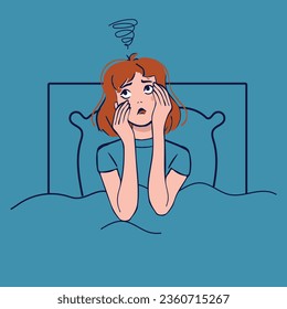 Morning migraine, chronic fatigue and nervous tension, stress or flu symptom, hard to wake up concept. Young woman with severe headache, tired and exhausted girl holding her head. Simple flat vector