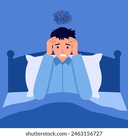 Morning migraine, chronic fatigue and nervous tension, stress or insomnia concept. Young man with strong headache, tired and exhausted guy holding head.