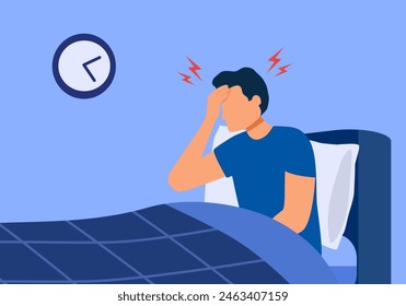 Morning migraine, chronic fatigue and nervous tension, stress or insomnia concept. Young man with strong headache, tired and exhausted guy holding head.