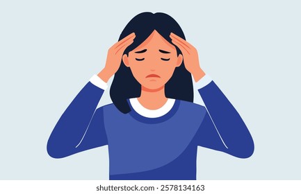 Morning migraine  chronic fatigue and nervous tension  stress or flu symptom  hard to wake up concept. Young woman with strong headache  tired and exhausted girl holding head. Simple flat vector