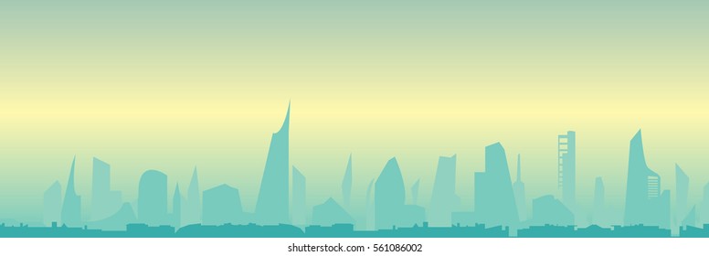 Morning mist over city silhouette
vector cityscape illustration