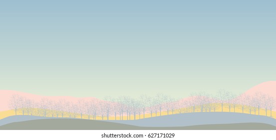 Morning mist over flower fields
vector nature illustration