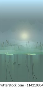 Morning mist over a marsh with water lilies. Undersea world. Night fireflies near the water. The moon at night. The rays of the first sun. Thickets of reeds.